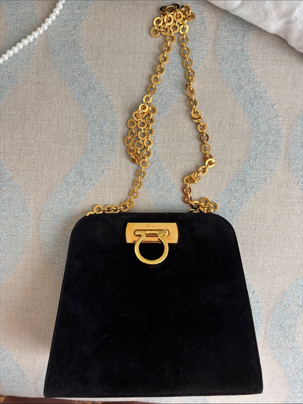 Salvatore Ferragamo Black Suede Shoulder Bag with Gold Gancini Chain
